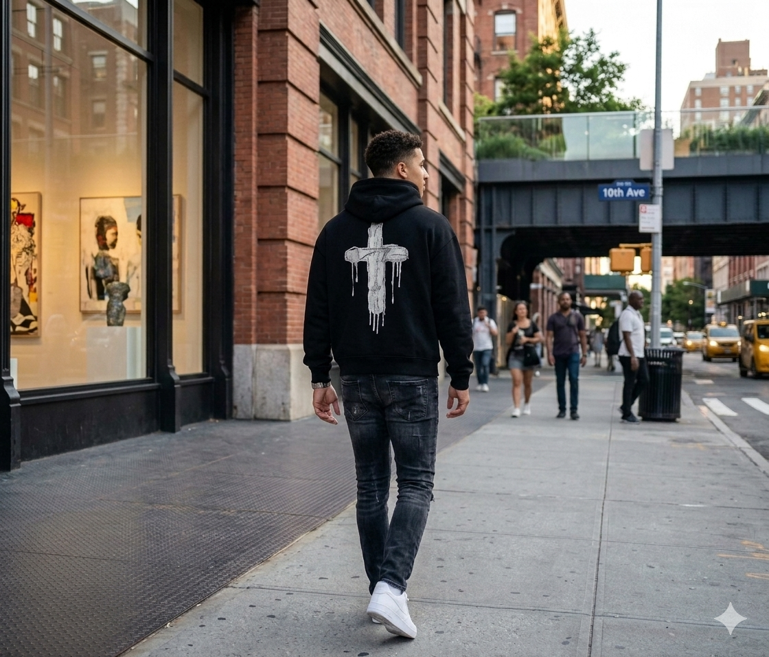 Sweat à capuche noir avec croix blanche