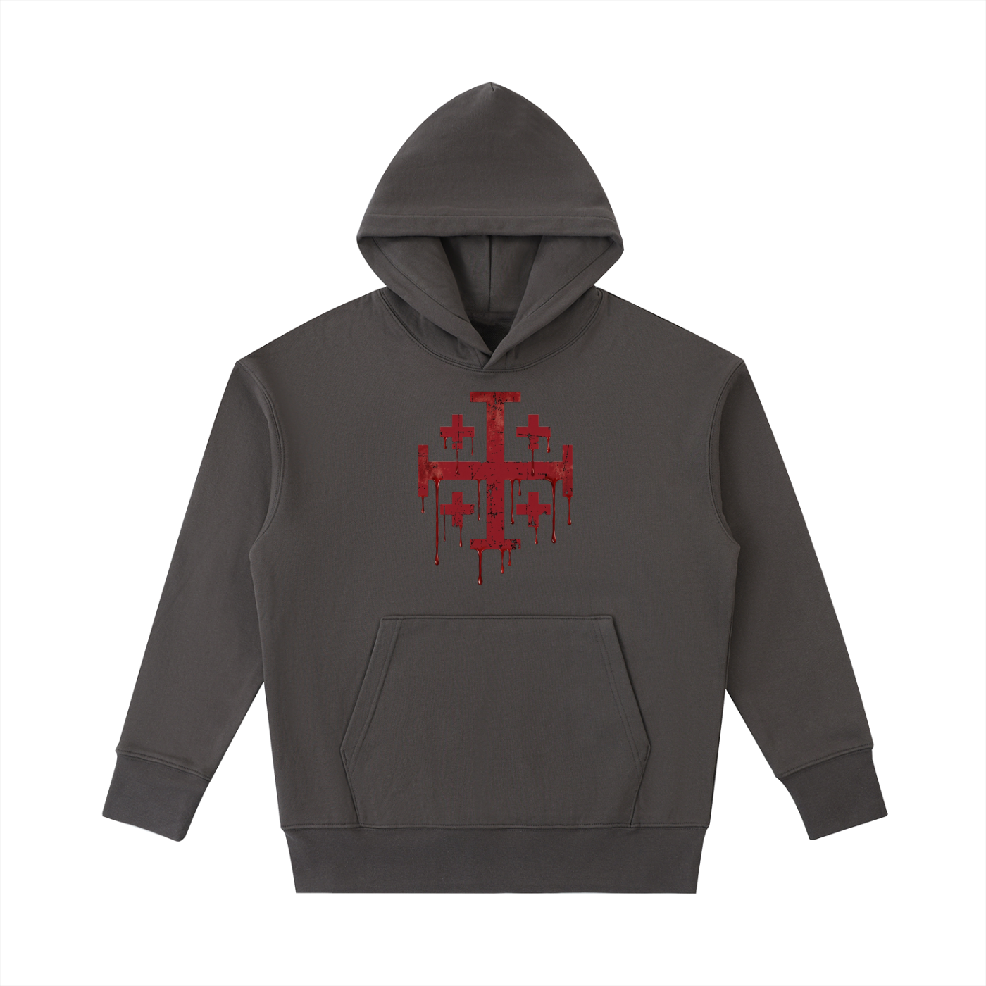 Hoodie with crimson red Jerusalem Cross printed on the front