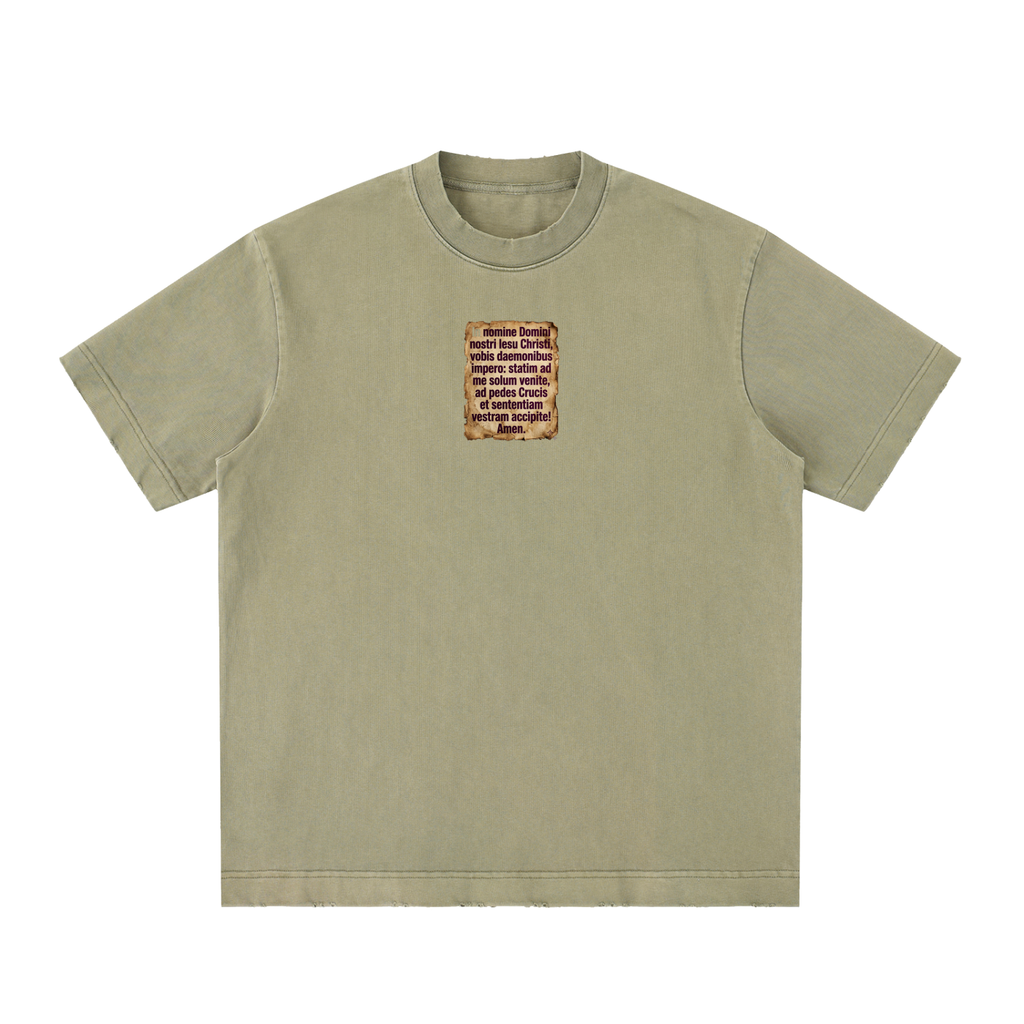 Powerful exorcism prayer in Latin. May stir some demons in people reading this shirt.