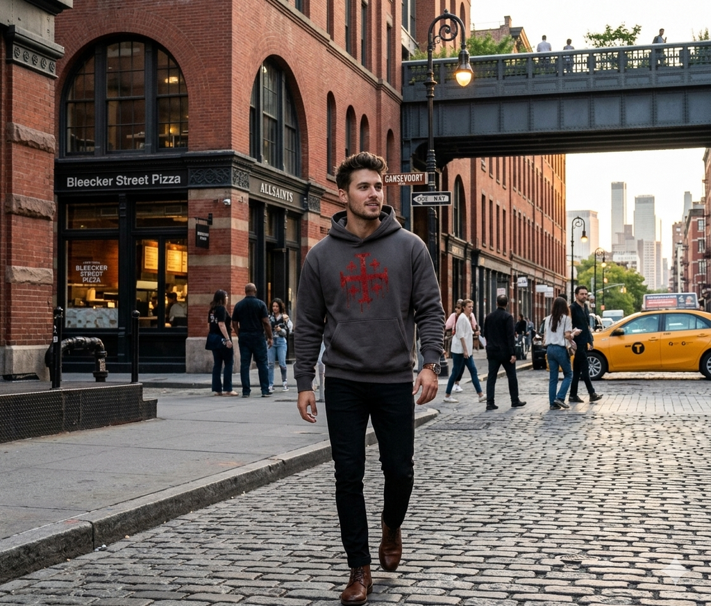 Hoodie with crimson red Jerusalem Cross printed on the front